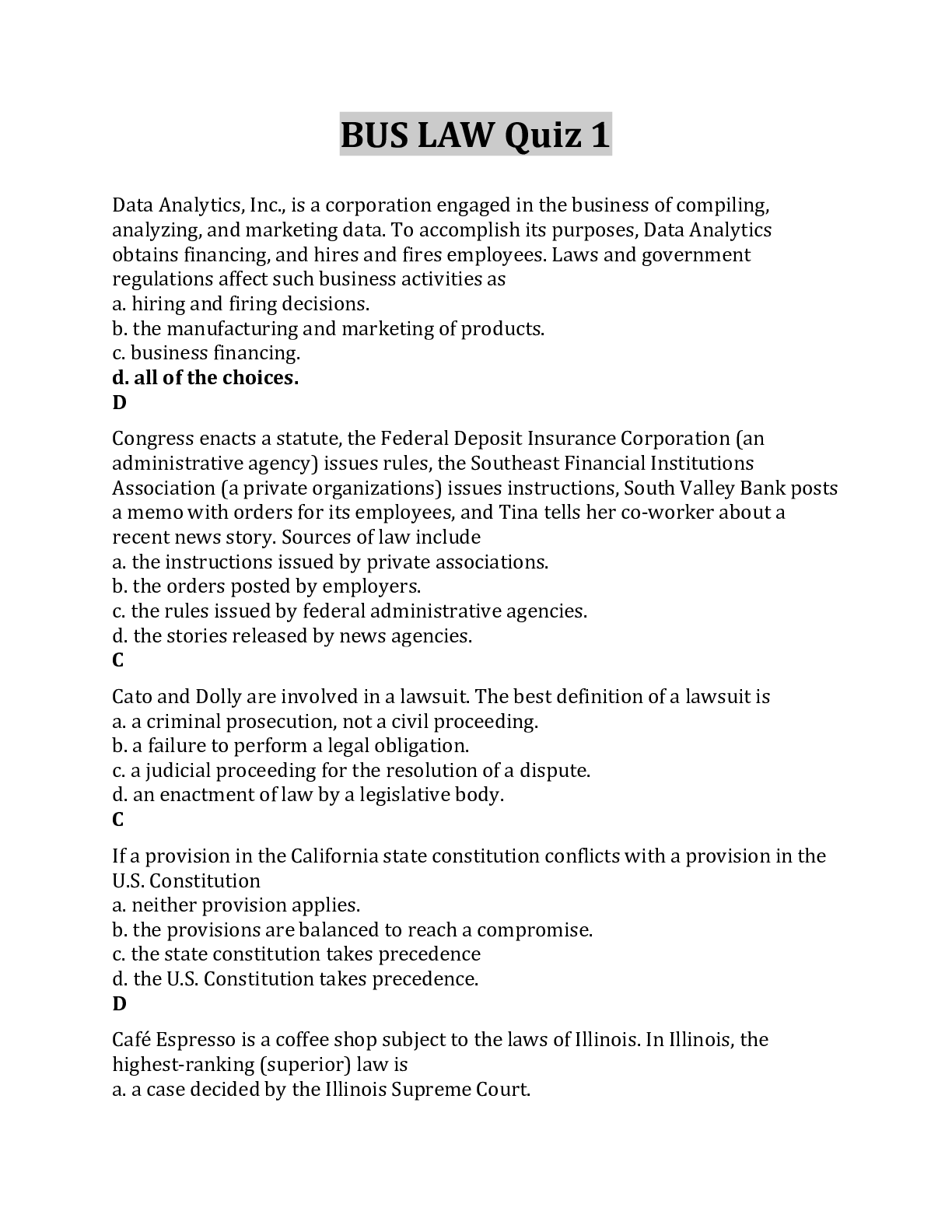 Preview image for BUS LAW Quiz 1 Questions And Answers